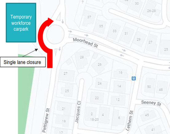 Single lane closure - Pettigrew and Moorhead Streets roundabout 