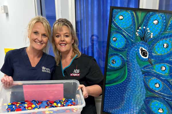 Caboolture Hospital ICU Registered Nurse Vanessa Sippel and ICU Nurse Unit Manager Tash Willmett are making beautiful artwork from recycled waste products.