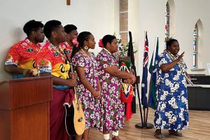 Local Torres Strait Islander dance troupe singing in the Caboolture Hospital Chapel