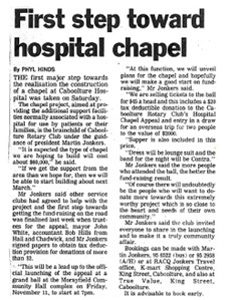 Newspaper article about Caboolture Hospital Chapel titled First step toward hospital chapel