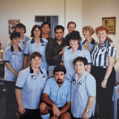 Caboolture Hospital 3A staff photo around 1993 with Desre Arnold in the second row, far left.
