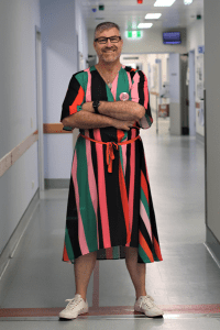 Graham Winbank, NUM Day Procedure Unit at Caboolture Hospital wearing another of his dresses