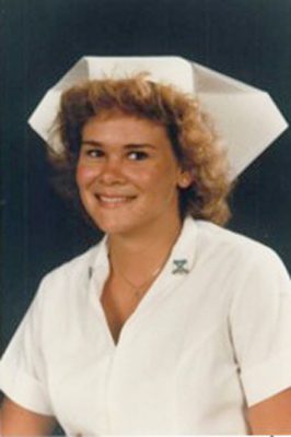 Michelle Kilah wearing a paper veil in 1986