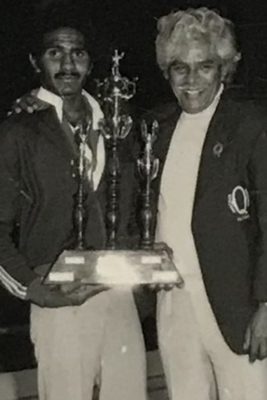 Norm Stevens being presented the Neville Bonner Trophy, for the Best Indigenous Boxer at the Australian Championships, by Neville Bonner