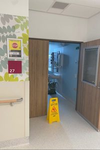 Isolation room signage on wall of new Caboolture Hospital clinical services building 