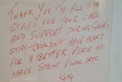 Thank you message on whiteboard from patient to Palliative Care Staff at Caboolture Hospital
