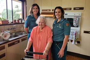 93-year-old Joan and the Queensland Ambulance Service’s (QAS) Falls Co-Response crew.