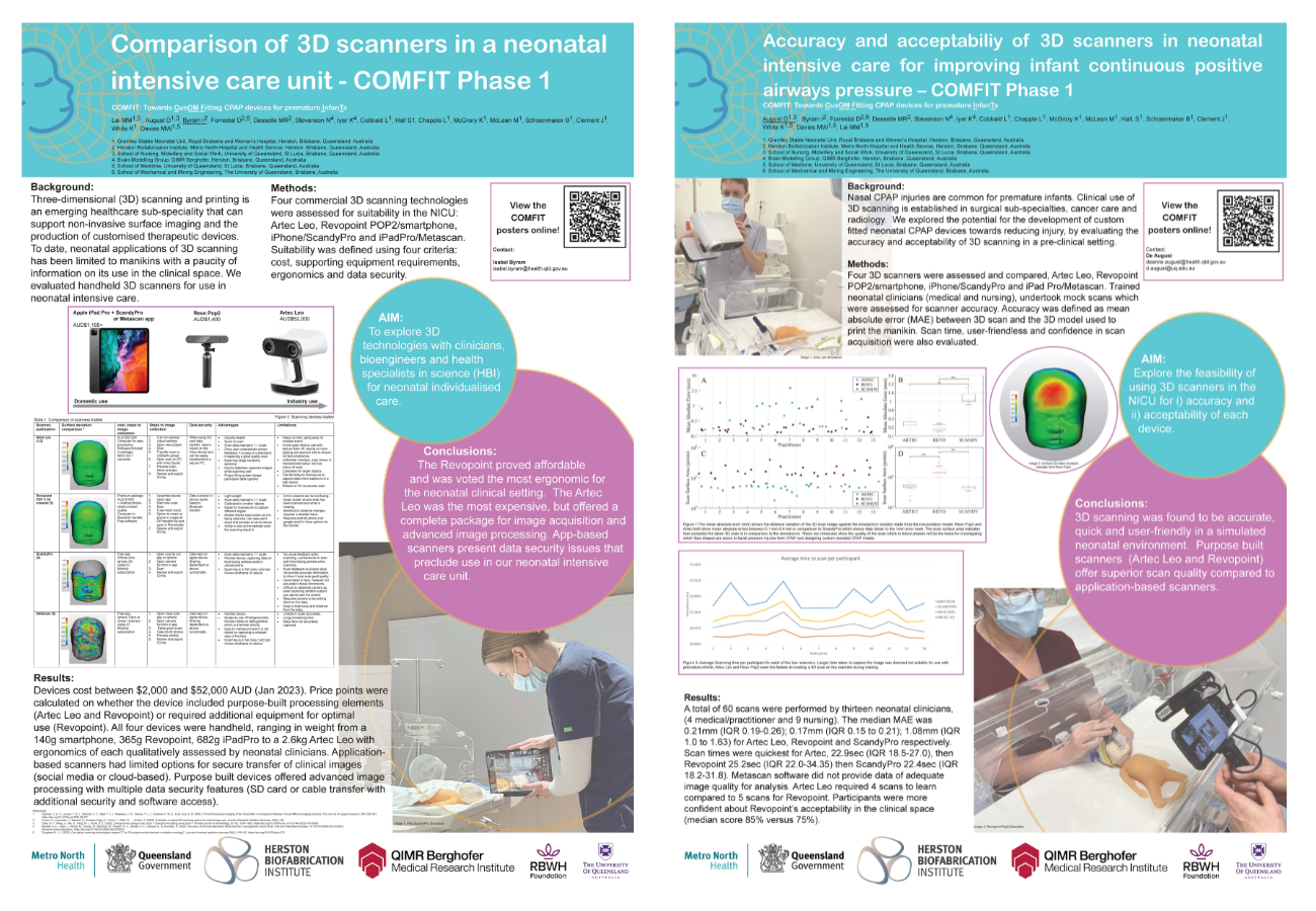 comparison posters for four 3D scanners showing the acceptability of the 3D scanners in the neonatal environment.