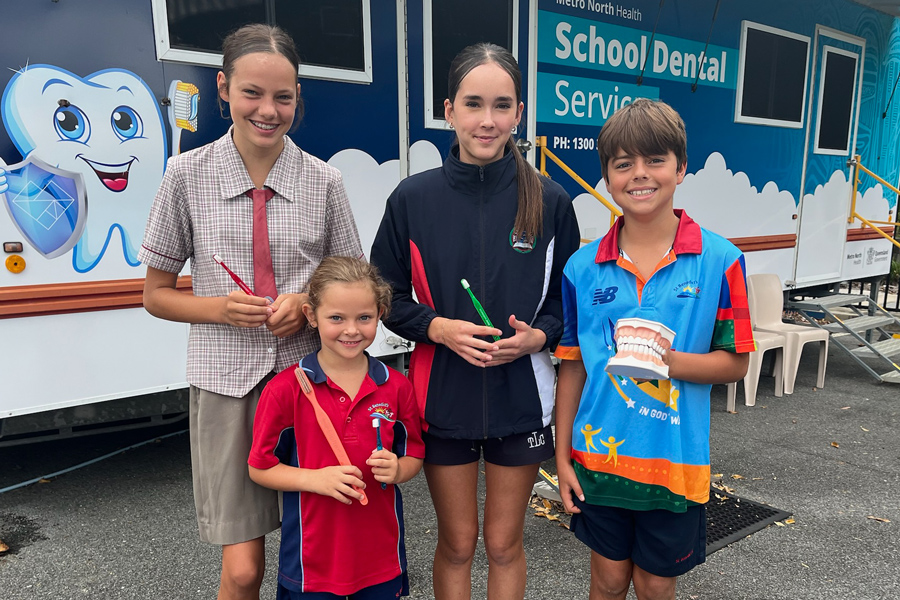 A new fun dental van wrap is bringing smiles to our young patients at many state schools across Brisbane north and Moreton Bay. Pictured here are students Ruby, Frankie, Ava and Johnny.