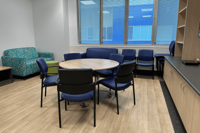 The new burn unit lounge is one way to encourage patients to get up and move around