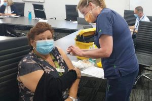 Cherie Franks receives her flu vaccination