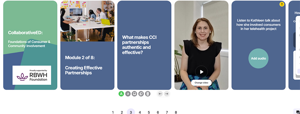 Concept mock-up of CollaborativeEd Consumer Involvement Foundations microlearning course, creator view