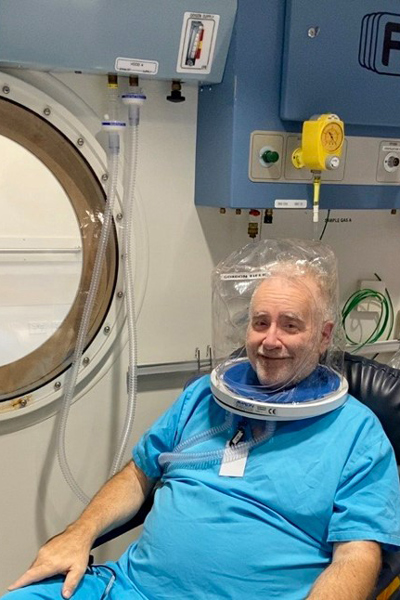 RBWH patient Gordon getting ready to undergo hyperbaric oxygen therapy at RBWH.