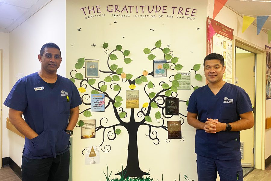 Vijay Pillay and Reyonald Javier standing in front of the gratitude tree in the CAM Unit at TPCH