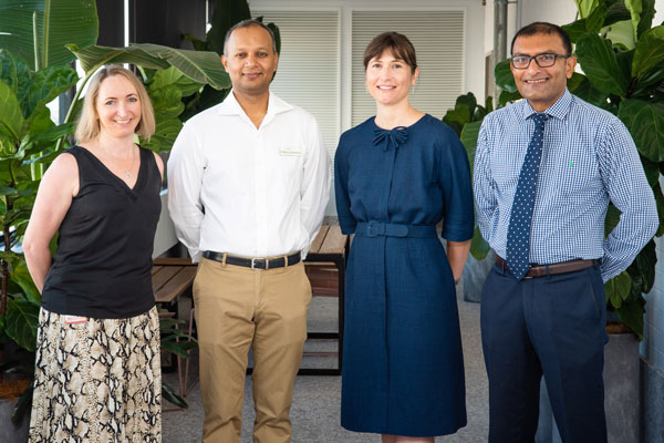 The 2022 Fellows at the Fellows Welcome Breakfast hosted by Adjunct Prof Jackie Hanson, March 2022. (L-R) Teresa Brown, Mahesh Ramanan, Andrea Henden, Sandhir Prasad (Jonathon Fanning was not in attendance as he was undertaking a Fulbright Future Visiting Scholarship in Pennsylvania)