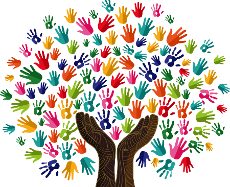 Tree made from coloured hands symbolising multicultural communities