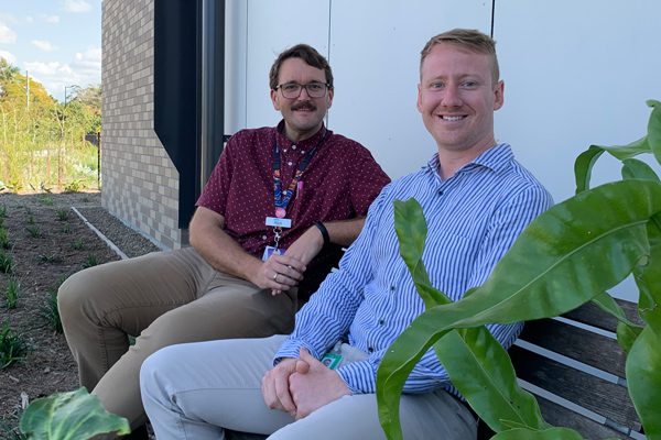 Mark Fullerton and Aaron Cessford enjoying the Caboolture Satellite Hospital garden space.