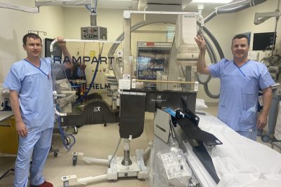 Dr Rustem Dautov and Jim Crowhurst with the new Rampart radiation shield which is reducing radiation exposure for staff during cardiac angiography procedures 