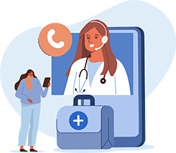 Illustration of a patient talking to their doctor on a screen.