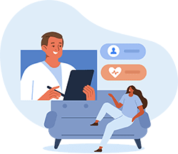 Illustration of a patient on a couch talking to their doctor on a screen.