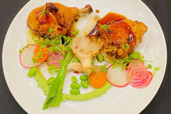 Rajesh and Brendan's dish - Asian-style chicken with wasabi mash, oyster mushrooms, pickled heirloom beetroot and edamame.