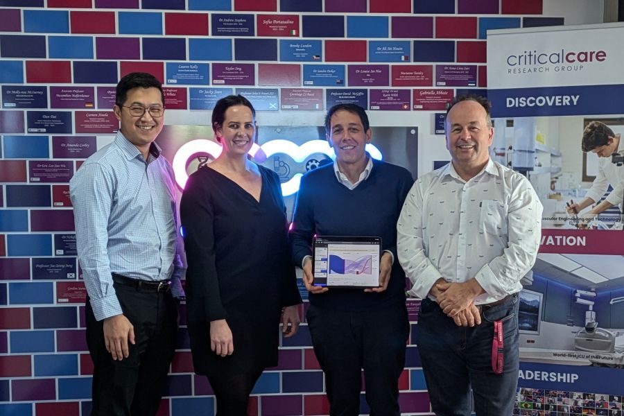 Pictured (L-R) COVID-19 Critical Care Consortium Co-Founders Dr Jacky Suen, A/Prof Gianluigi Li Bassi and Prof John Fraser AO, with COVID Critical and CCRG Manager Hannah Marrinan.