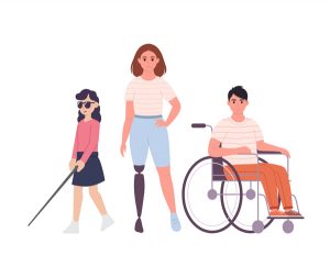 blind woman, a women with a prosthetic leg and a man in a wheelchair