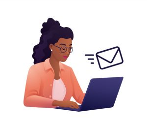 Woman looking at a laptop with an infographic of a email sending overhead