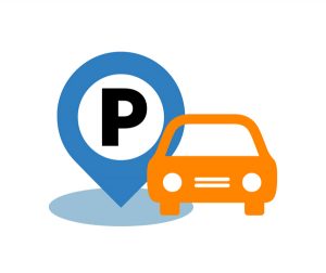 an orange car with a large parking sign