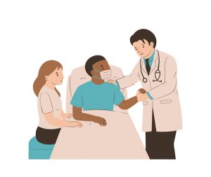 a doctor shaking the hand of a patient wearing a mask in a bed while family member watches