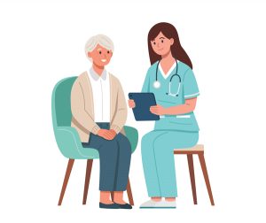 A patient and doctored seated and having a discussion