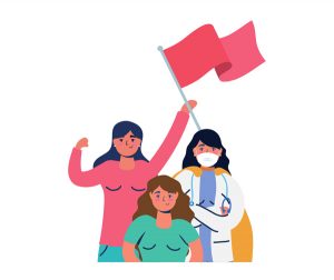 a doctor and two women one is holding a flag