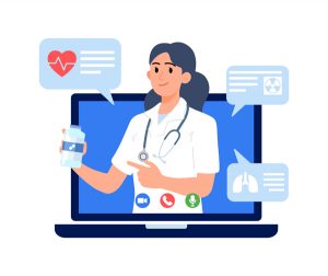 a doctor on a video call in a laptop pointing at a pill bottle giving advice