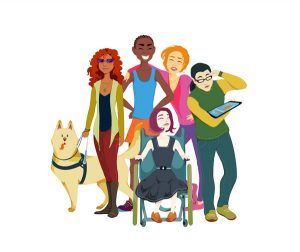 A blind women with a service dog, a woman in a wheelchair, and a diverse group of people smiling.