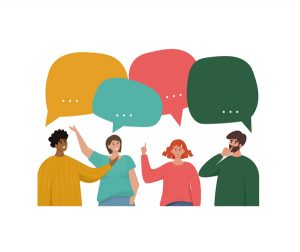 four people having a conversation