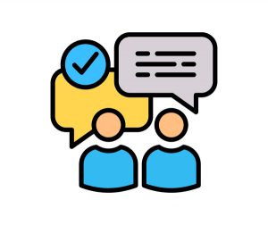 Two people with speech bubbles and a check mark above their heads