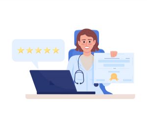 Women doctor smiling and holding a doctorate, in front of a laptop with a speech bubble saying 5 stars