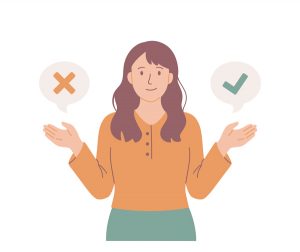Girl smiling with two hands out one with a cross and one with a check