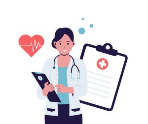 a doctor with a clipboard and a file and a heart are behind her