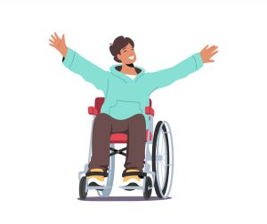 a man in a wheelchair smiling with his hands above his head