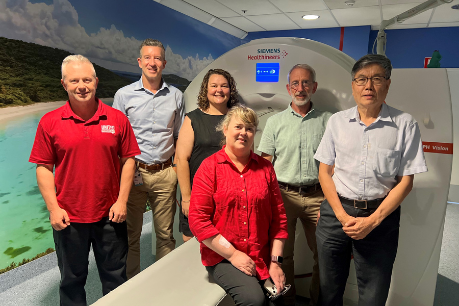 Pictured from left to right: Director Nuclear Medicine Technology Travis Pearson, Director Nuclear Medicine Dr David Pattison, Principal Radiochemist Melissa Latter, Director PET Technology / Assistant Director Nuclear Medicine Technology Louise Campbell, Principal Nuclear Medicine Medical Physicist Matthew Griffiths and Nuclear Medicine Staff Specialist Dr William Fong