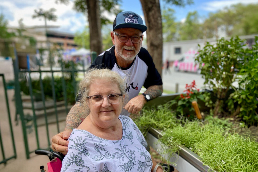 Patient Vicky Starkie and husband Tony benefit from the Rehabilitation and Acute Stroke Unit Mobility Garden at The Prince Charles Hospital.