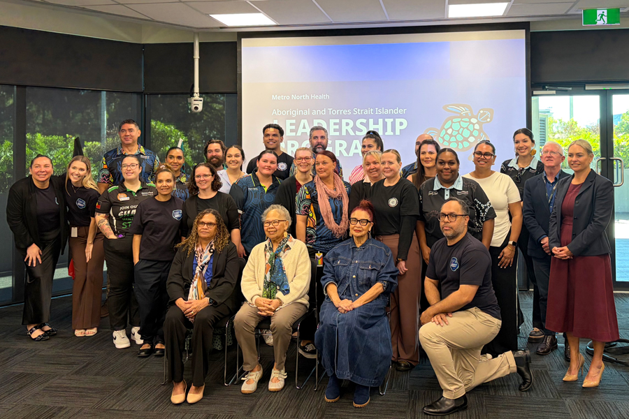 : Metro North Health Aboriginal and Torres Strait Islander Leadership participants pictured with (front L-R) Adj. Prof. Sherry Holzapfel, Executive Director of Aboriginal and Torres Strait Islander Health, Aunty Patricia Elarde and Aunty Denise Proud.