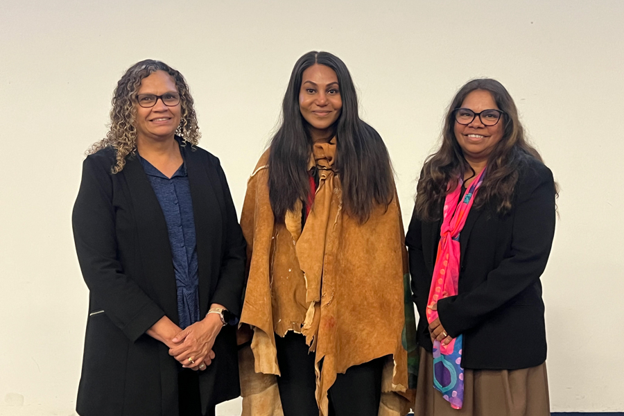 Baringa Barambah (centre) performed Welcome to Country at the RBWH RAP launch. Pictured with Metro North Executive Director, Aboriginal and Torres Strait Islander Health, Sherry Holzapfel (left) and RBWH Director of Aboriginal and Torres Strait Islander Health, Roslyn Boland (right)