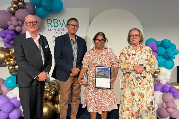 Roslyn Boland (pictured, second right) won the Improving Aboriginal and Torres Strait Islander Health Award. Pictured with Metro North Board Member Professor Michael Cleary PSM, Acting Executive Director Metro North Aboriginal and Torres Strait Islander Health Paul Drahm and RBWH Executive Director Louise Oriti.