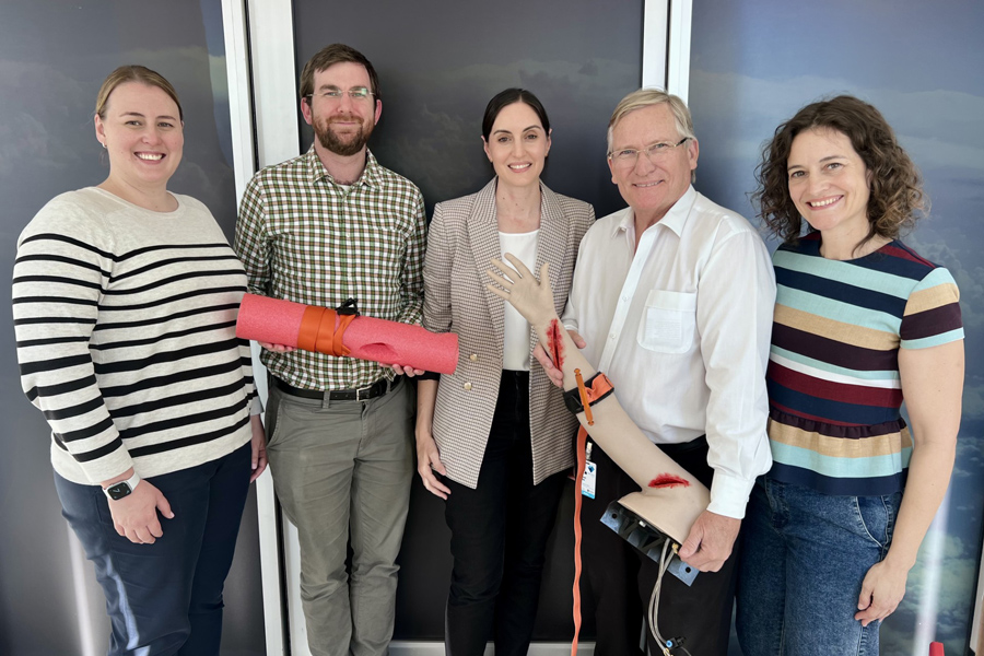 Stop The Bleed Study Investigators (l to r): Jourdy Sweeney - Clinical Nurse, Prevent Alcohol and Risk Related Trauma In Youth (P.A.R.T.Y.) program; Isaac Salisbury - Research Officer JTI; Sarah Pearce - Clinical Nurse JTI and RBWH Trauma Service; Prof Michael Muller - Co-Lead Education and Training Theme JTI, and surgeon, RBWH Trauma Service; A/Prof Silvia Manzanero - Research Coordinator JTI 